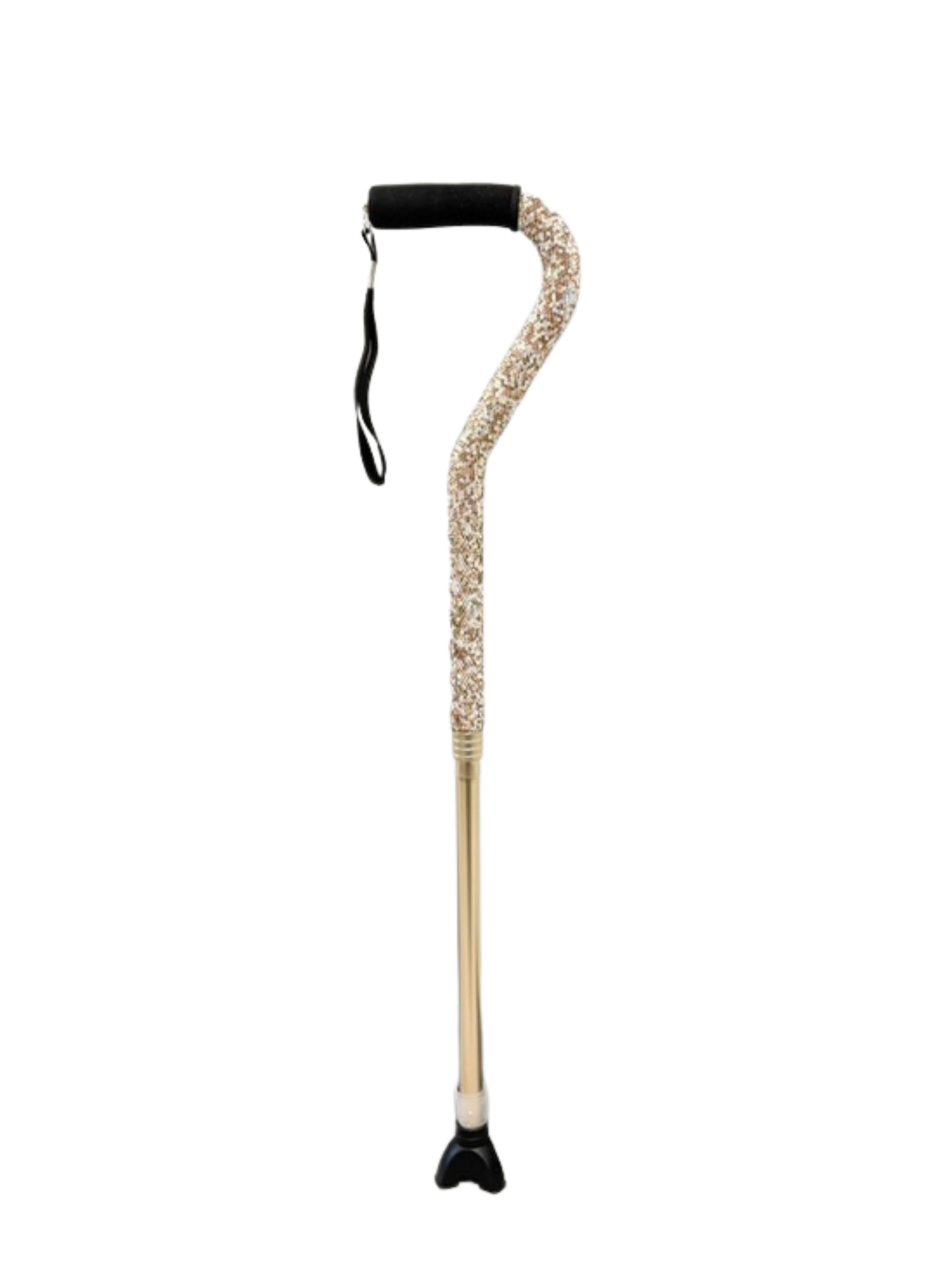 Glam rhinestone walking cane with a gold and silver sparkling shaft and black foam grip handle.
