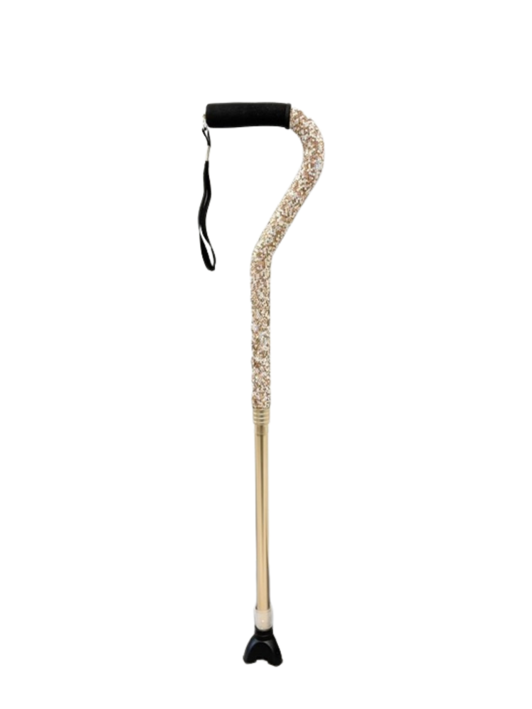 Glam rhinestone walking cane with a gold and silver sparkling shaft and black foam grip handle.