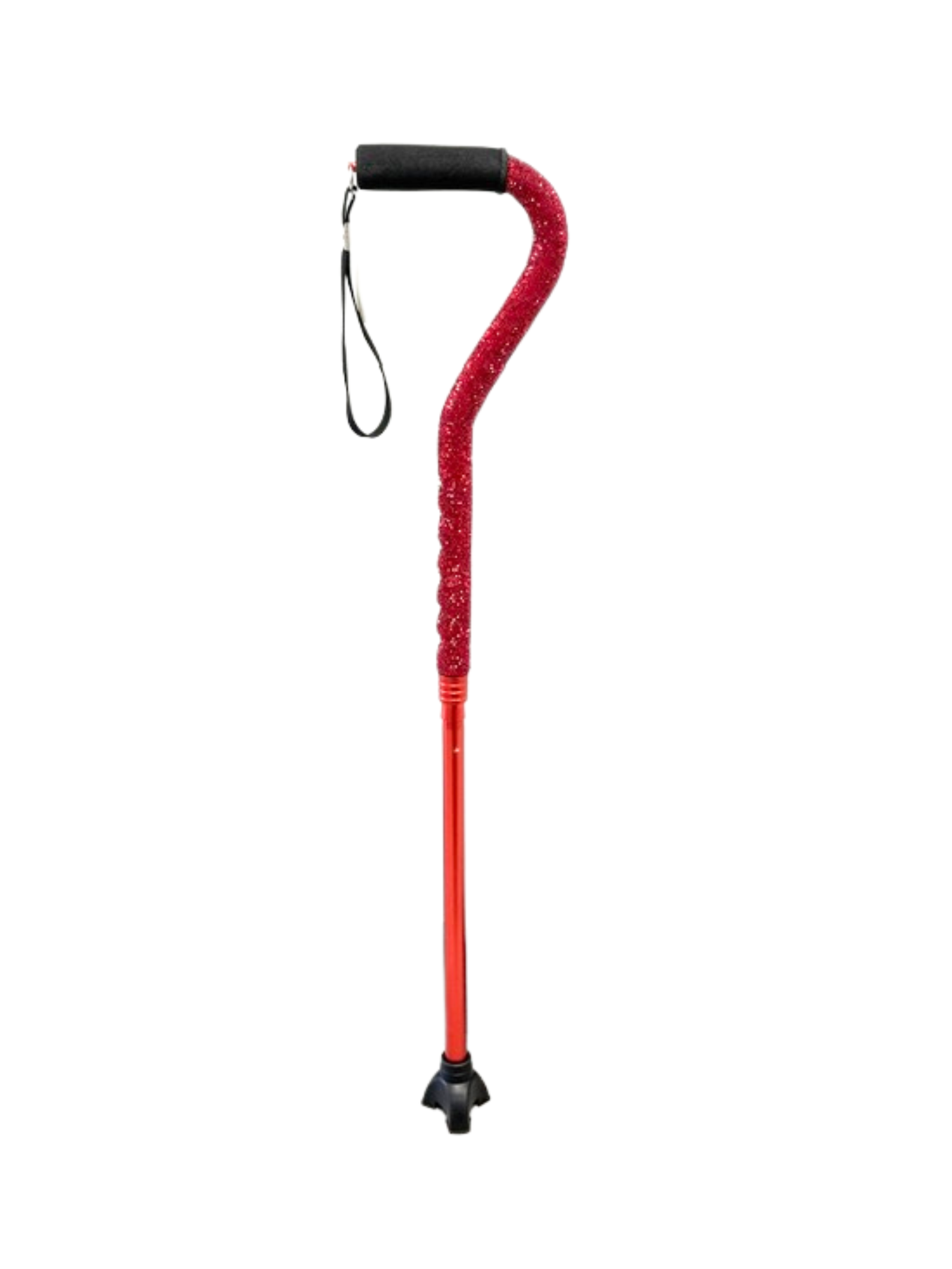 Red rhinestone walking cane with a black foam handle, wrist strap, and a four-pronged base.