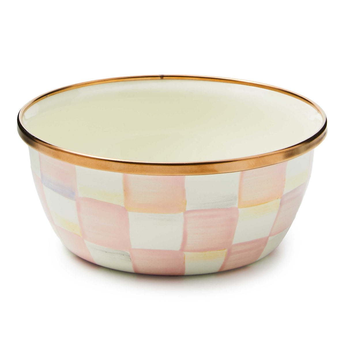 Hand-painted Rosy Check enamel pinch bowl with a copper-colored rim.