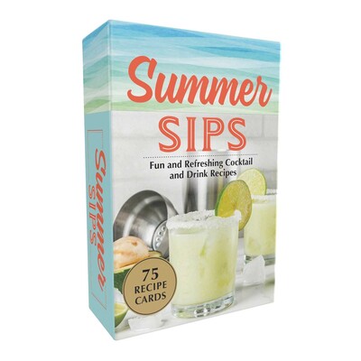 Summer Sips recipe card box featuring 75 cocktail and drink recipes with a margarita illustration.