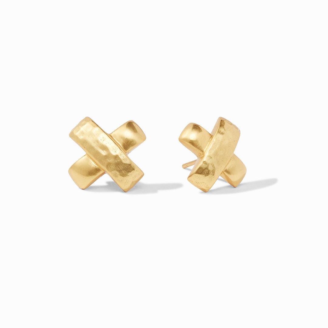 Pair of Catalina X Stud Gold earrings featuring a hammered texture and cross shape.