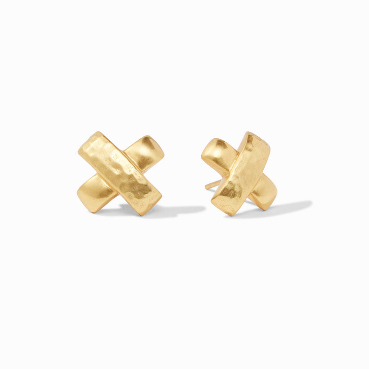 Pair of Catalina X Stud Gold earrings featuring a hammered texture and cross shape.