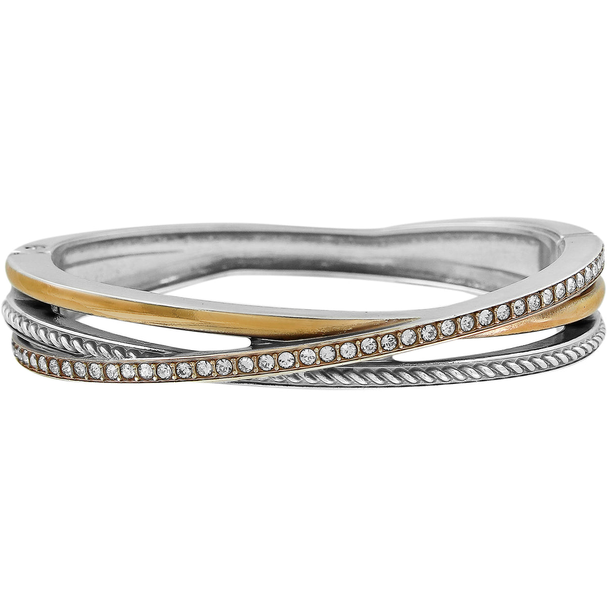 Silver-gold two-tone magnetic hinged bangle with fine quality crystal accents.