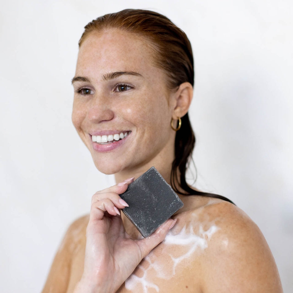 Charcoal Detoxifying Body Wash Bar with natural fragrance in a zero-waste plastic-free bar format.
