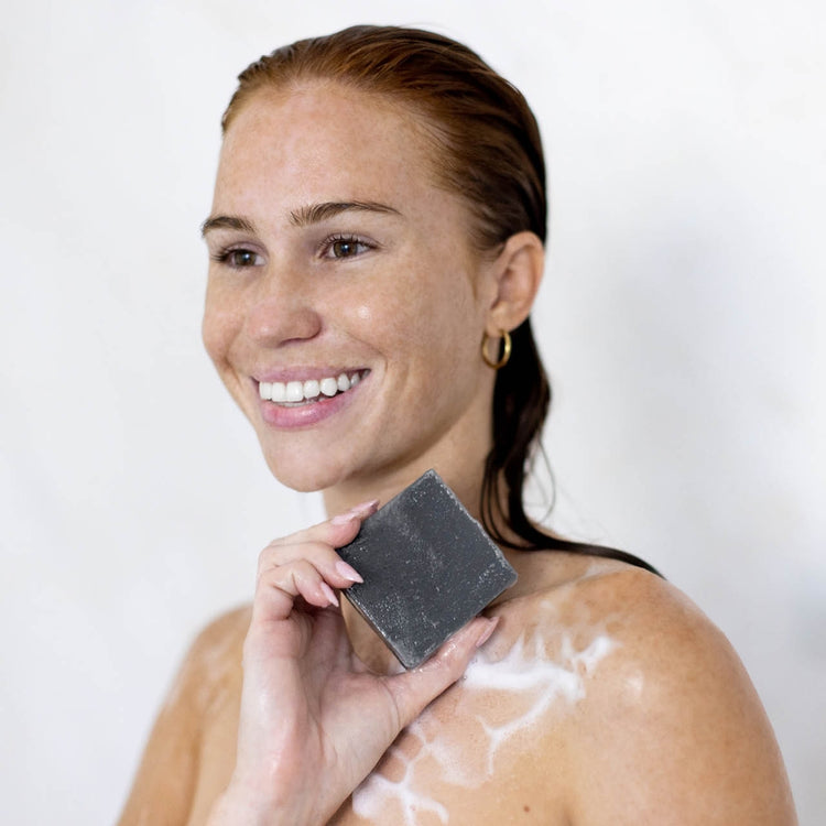Charcoal Detoxifying Body Wash Bar with natural fragrance in a zero-waste plastic-free bar format.
