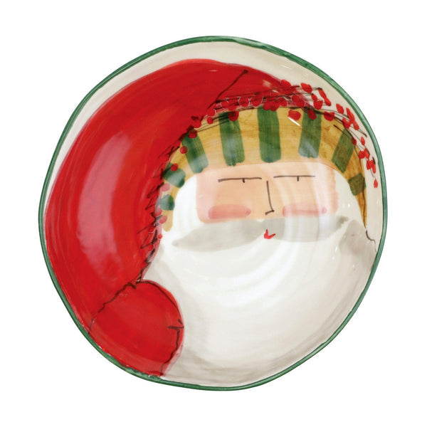 White Terra Bianca earthenware pasta bowl featuring a striped hat handle with Old St. Nick branding.