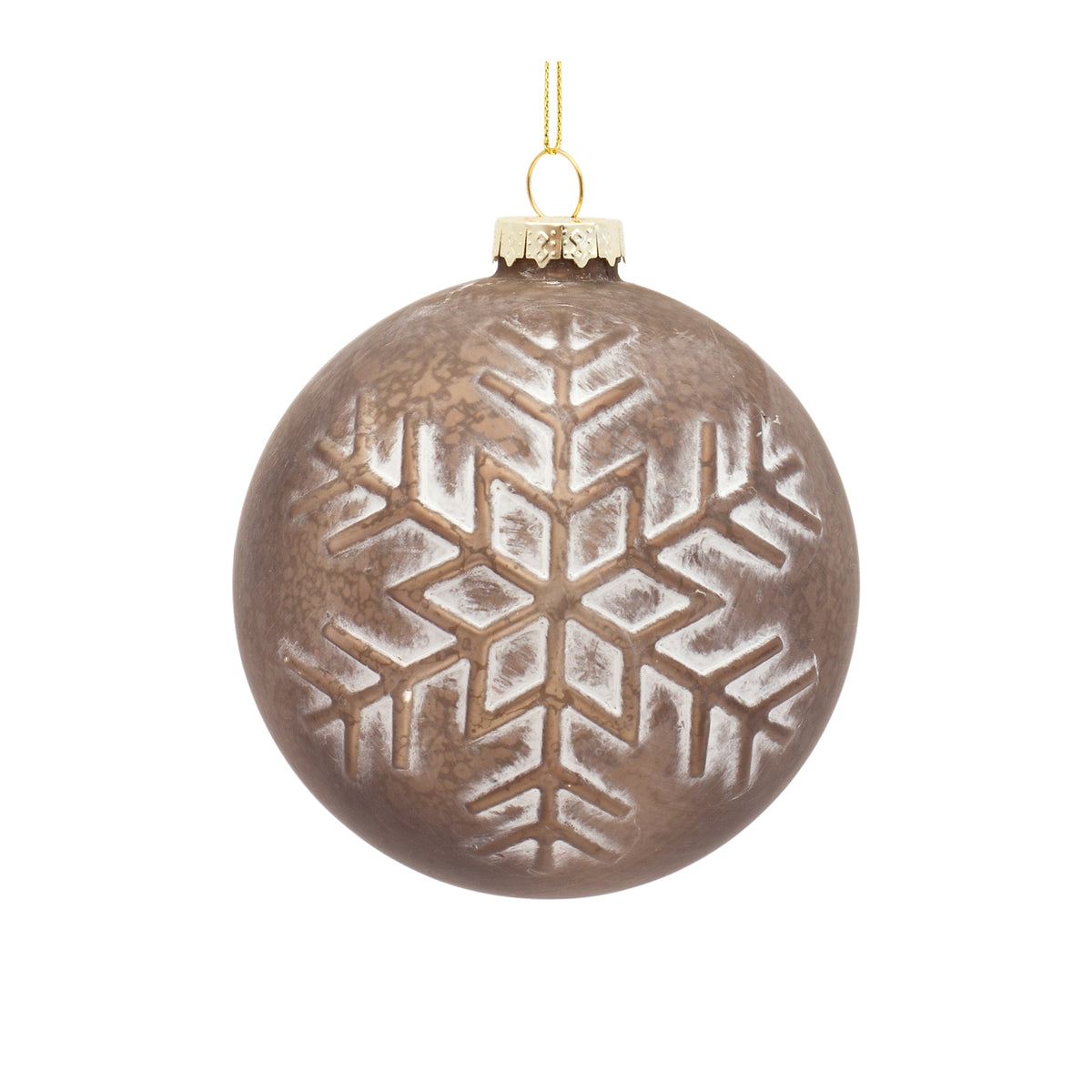 Bronze glass ball ornament with snowflake accents on a Christmas tree