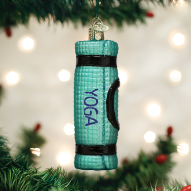 Glass yoga mat ornament in silver with hand-painted glitter finish.