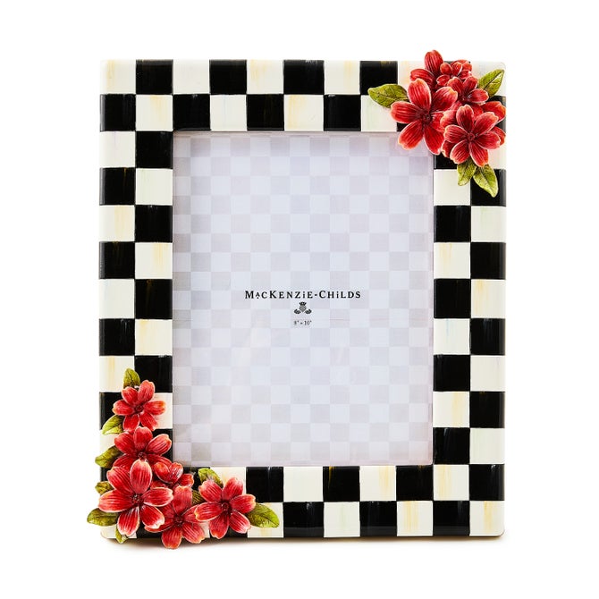 Hand-painted resin frame with glass insert featuring Courtly Check pattern and dimensional floral accents in an easel back.