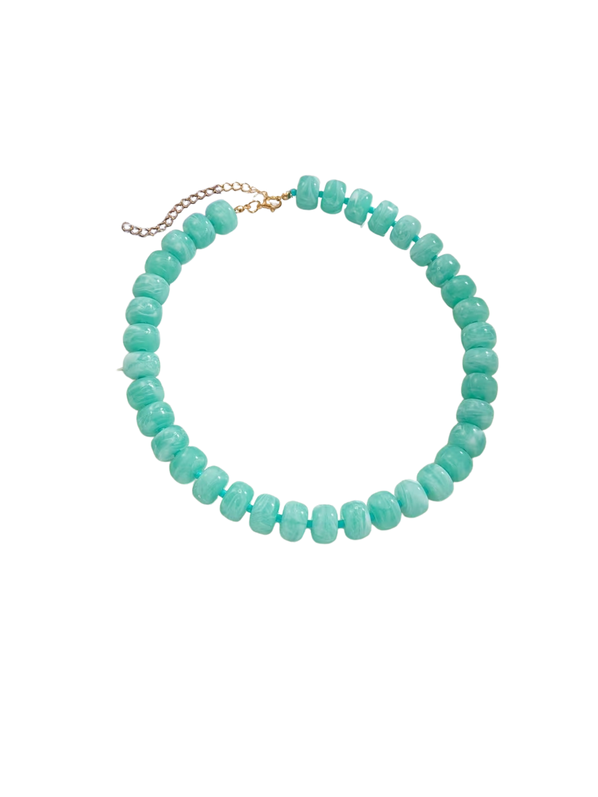 Choker beaded necklace with smooth, rounded aqua beads and a gold-tone adjustable chain clasp.