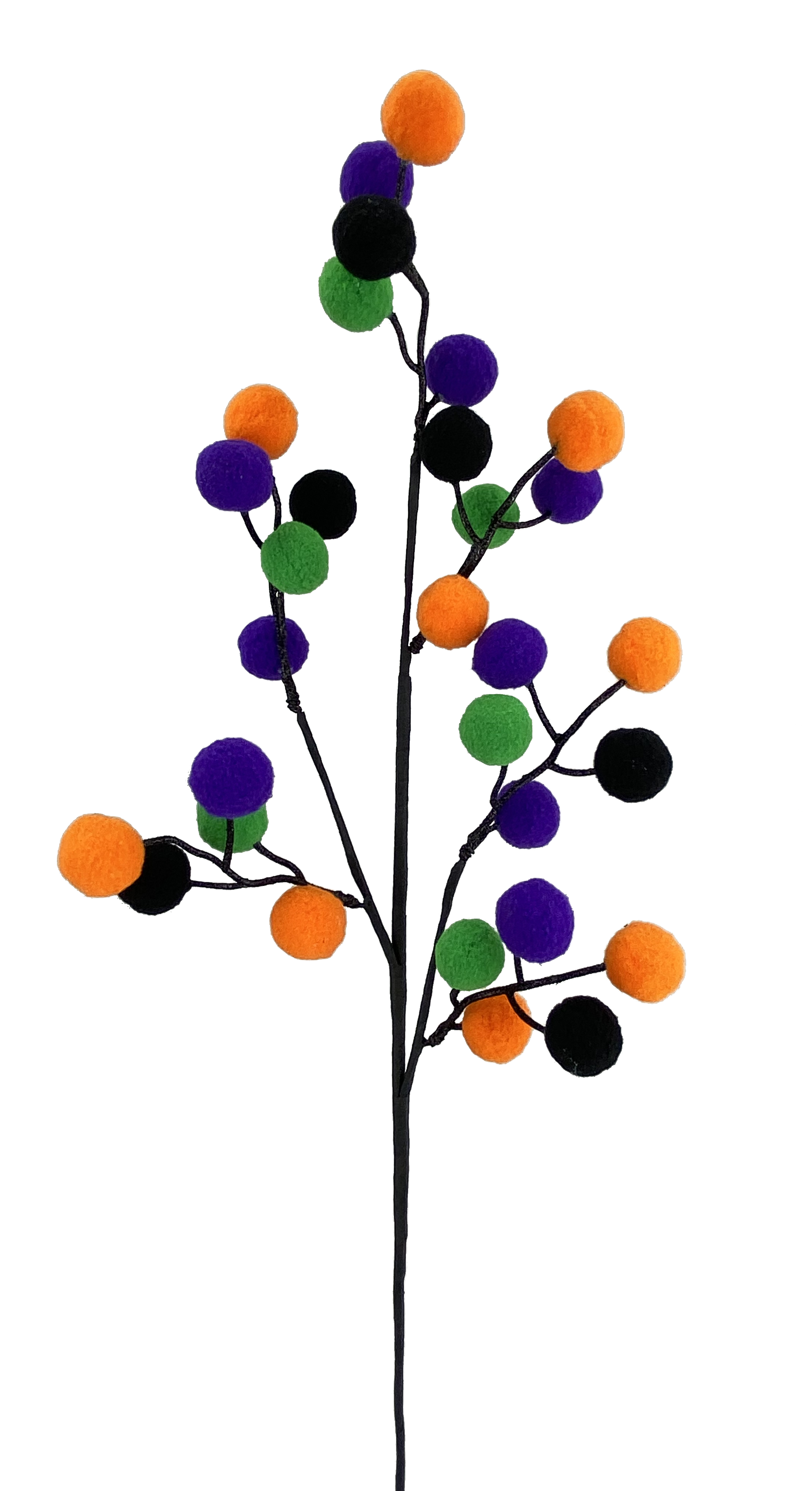 28-inch decorative spray with orange, purple, green, and black felt balls on a black stem.