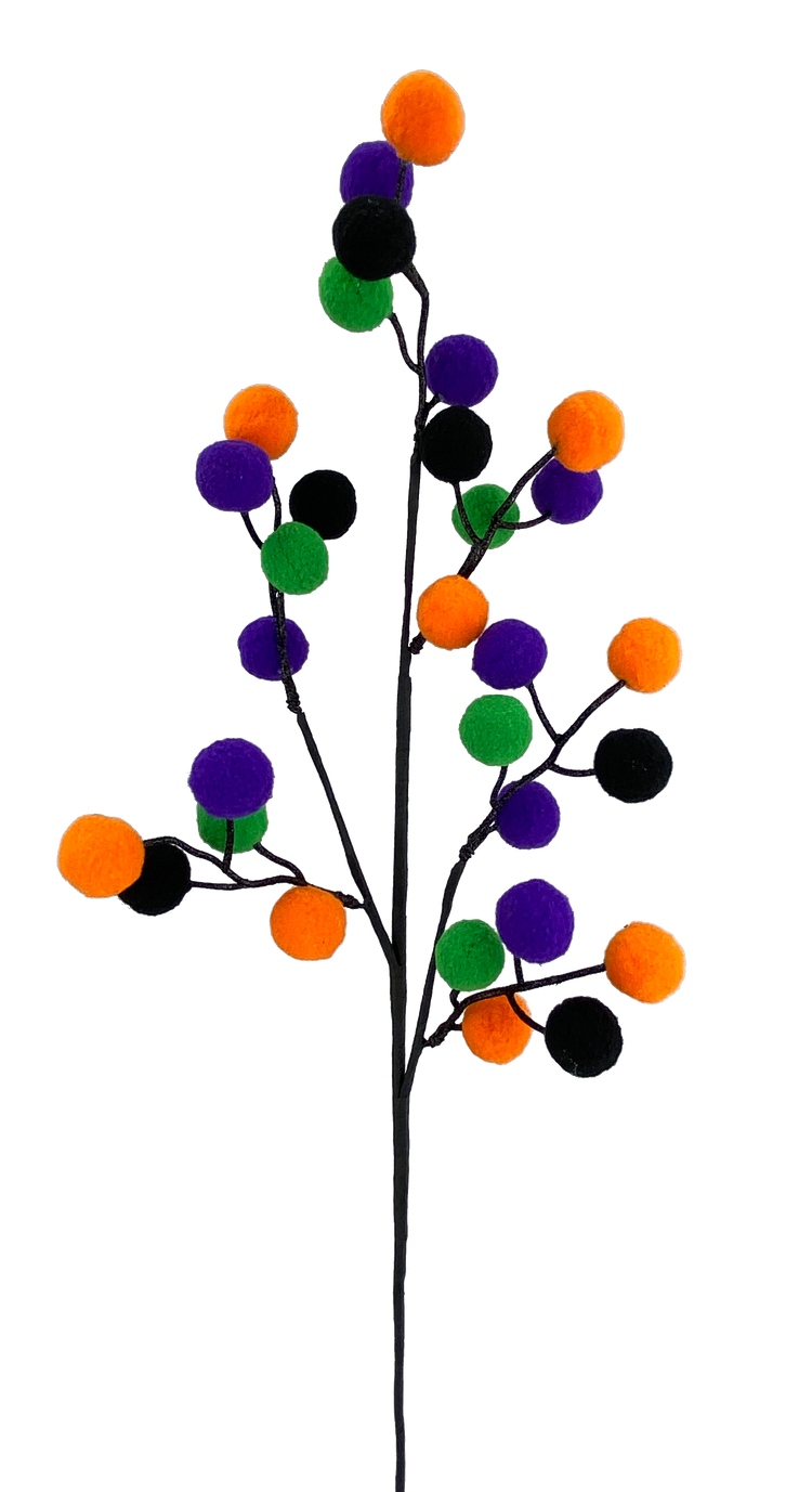 28-inch decorative spray with orange, purple, green, and black felt balls on a black stem.