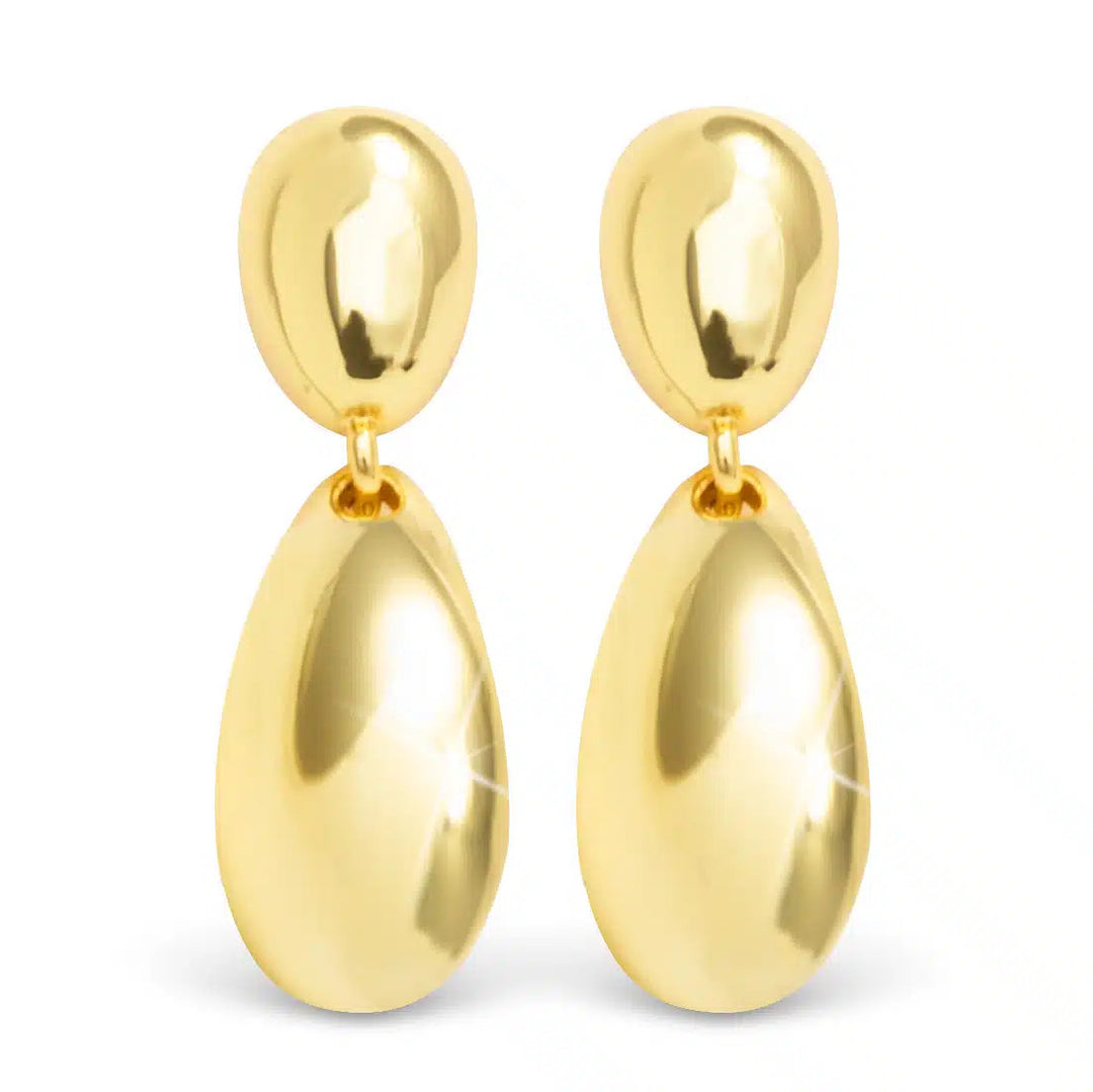 Harper Mini Drop Stud Gold Earrings featuring polished gold teardrop shapes in a two-tier design.