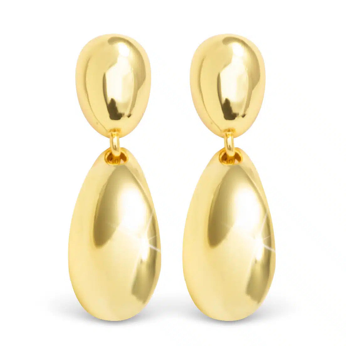 Harper Mini Drop Stud Gold Earrings featuring polished gold teardrop shapes in a two-tier design.