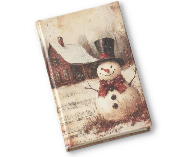 6 inch hard cover journal featuring a vintage snowman and red barn winter scene.