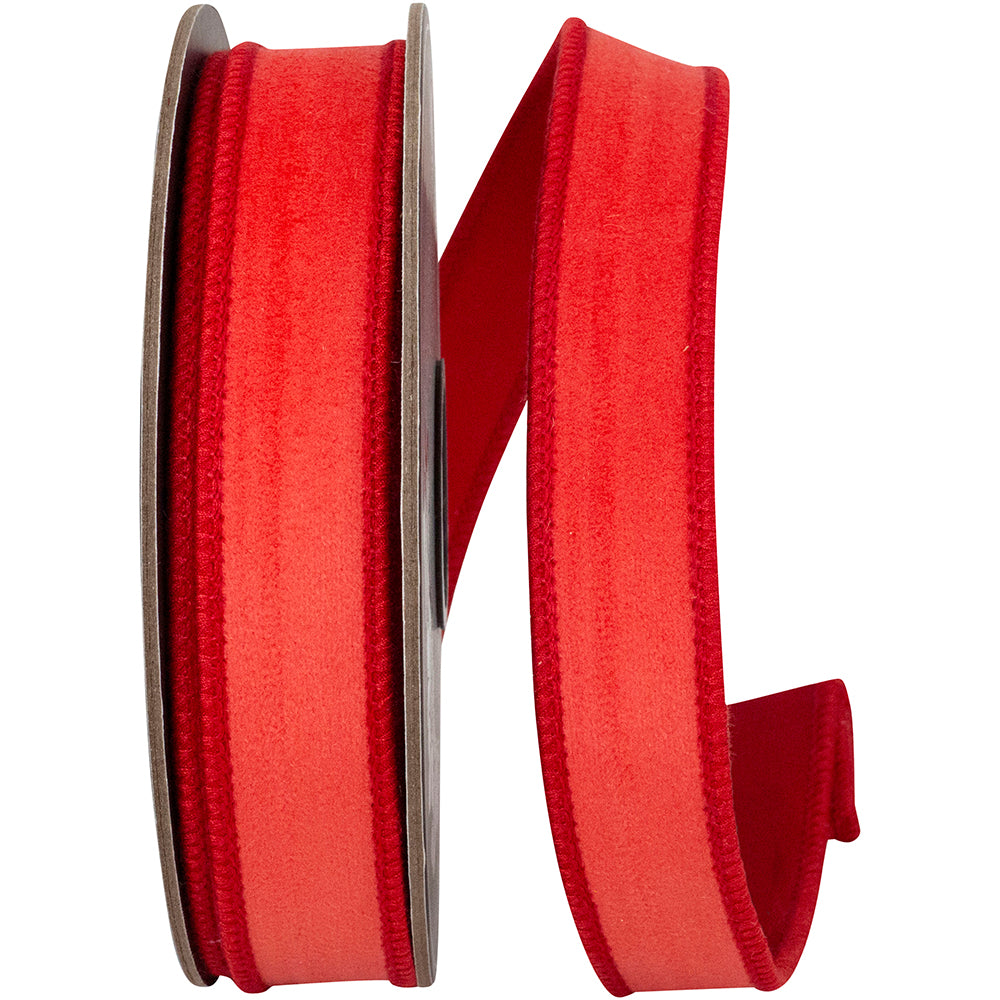 One-inch wide wired edge ribbon with a velvet touch finish in polyester.