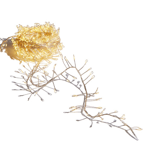 20-foot fairy cluster light string with 600 warm white LEDs on flexible silver wire.