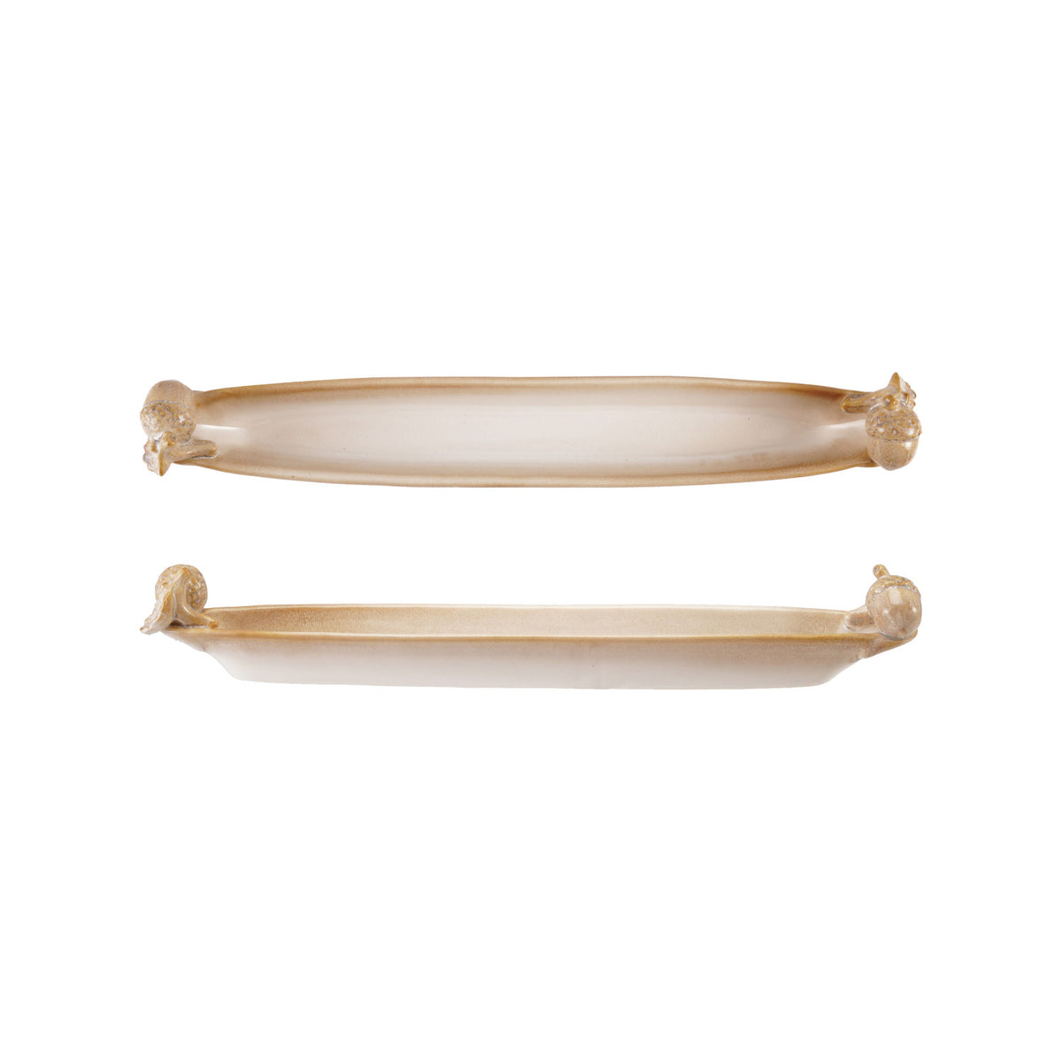 Two long, narrow stoneware olive dishes in a cream and tan glaze featuring 3D acorn handles.