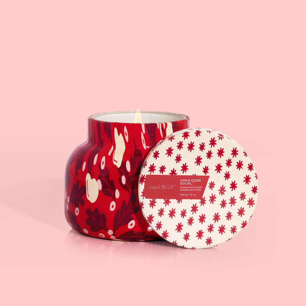 19 oz glass jar with holiday apple cider social pattern featuring festive illustrations.