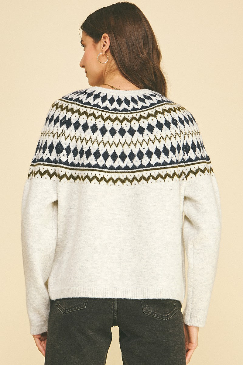 Back view of the Mariel Nordic Pattern Knit Sweater in Heather Grey with a Fair Isle-inspired yoke.