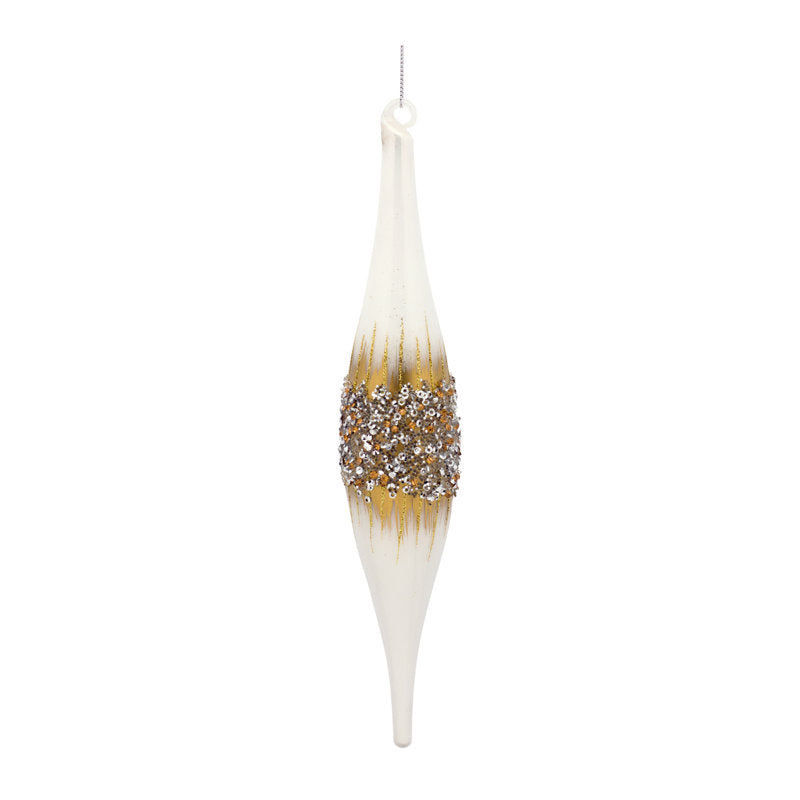 White drop glass ornament with a gold and silver glittered center band and hanging string.