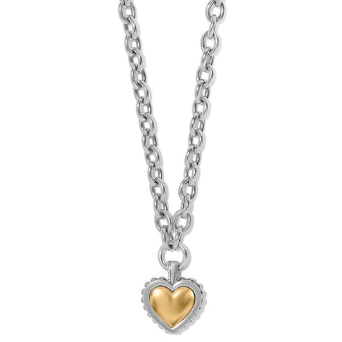 Silver-gold two-tone adjustable necklace with a bold heart pendant on an 18-inch chain.