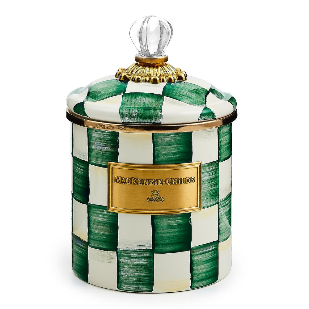 Small hand-glazed steel canister with emerald checkered pattern, bronzed stainless rim, brass accents, and glass lid.