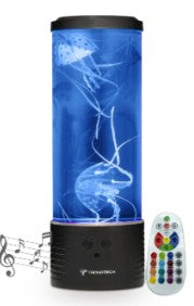Black Jellyfish lamp with built-in Bluetooth speaker features realistic motion jellyfish in a water-filled chamber and multi-color LED lighting.