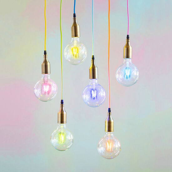 Color Filament Ball Bulb: a 3.2-watt glass bulb with metal and wire filament details.