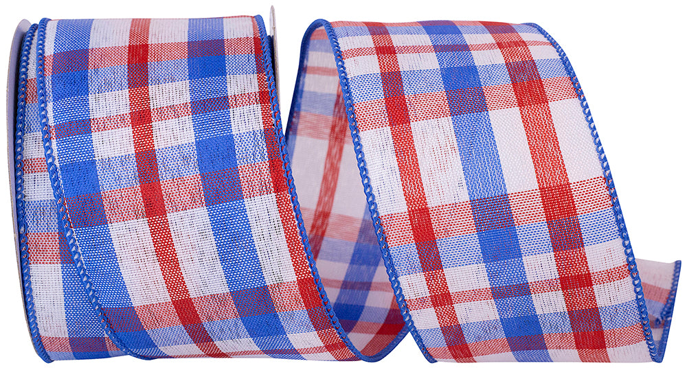 Patriotic plaid linen wired edge ribbon in red, white, and blue with a wired finish.