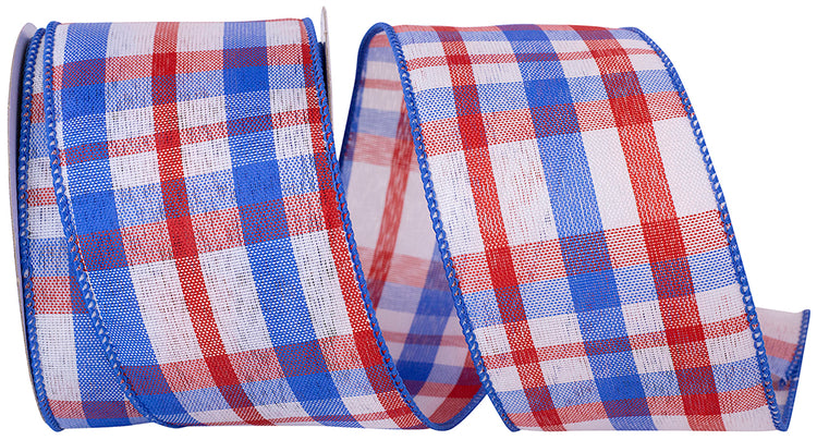 Patriotic plaid linen wired edge ribbon in red, white, and blue with a wired finish.