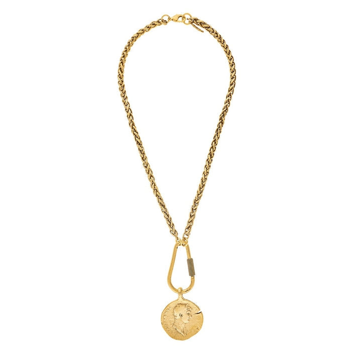Gold-tone chain necklace with an elongated carabiner connector and a distressed coin pendant.