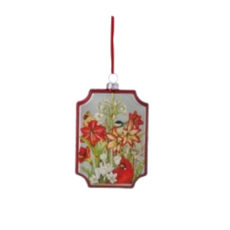 Rectangular glass frame ornament with red border featuring cardinals and floral holiday artwork.