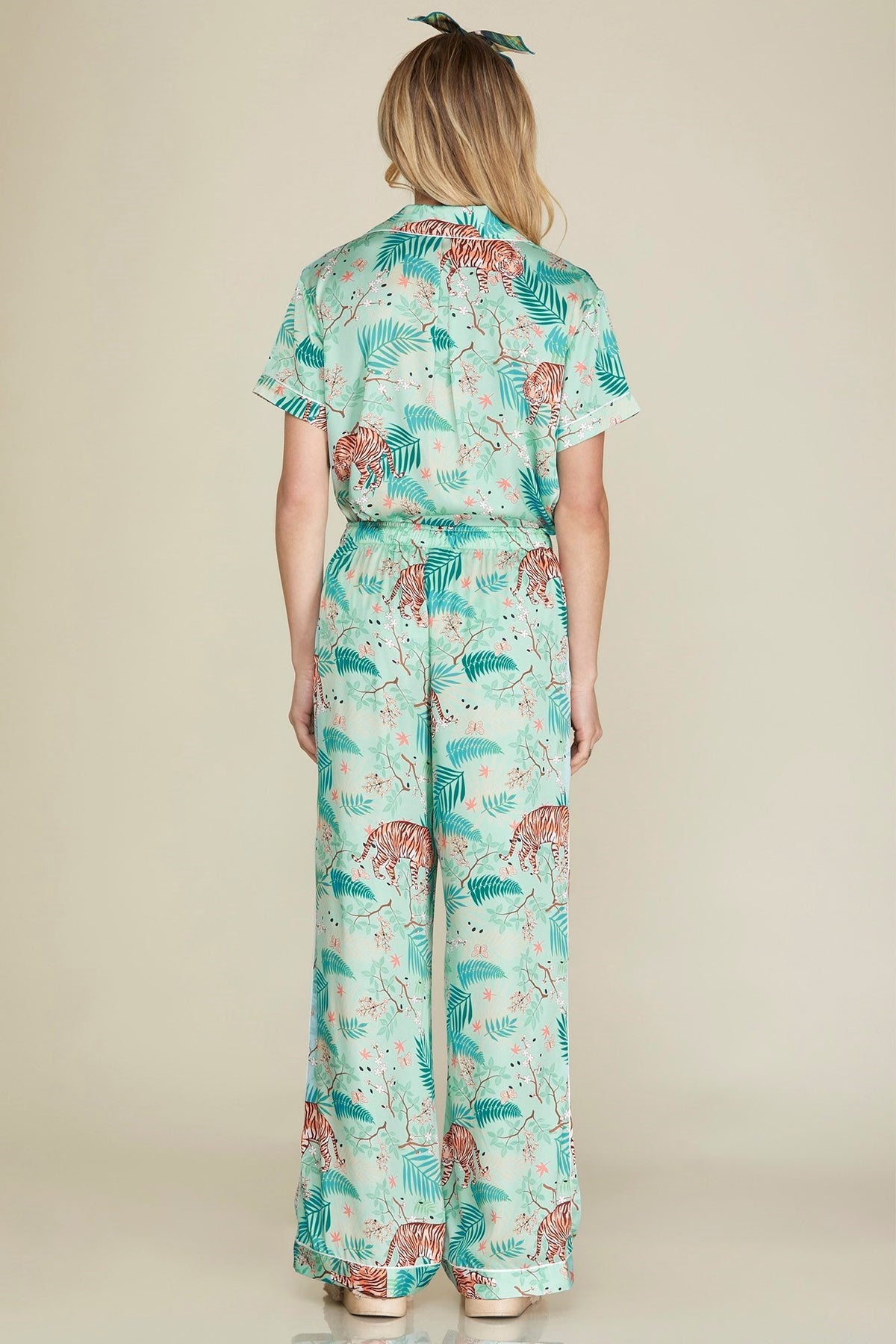 Alex Tiger print satin pajama top in beige with black stripes.