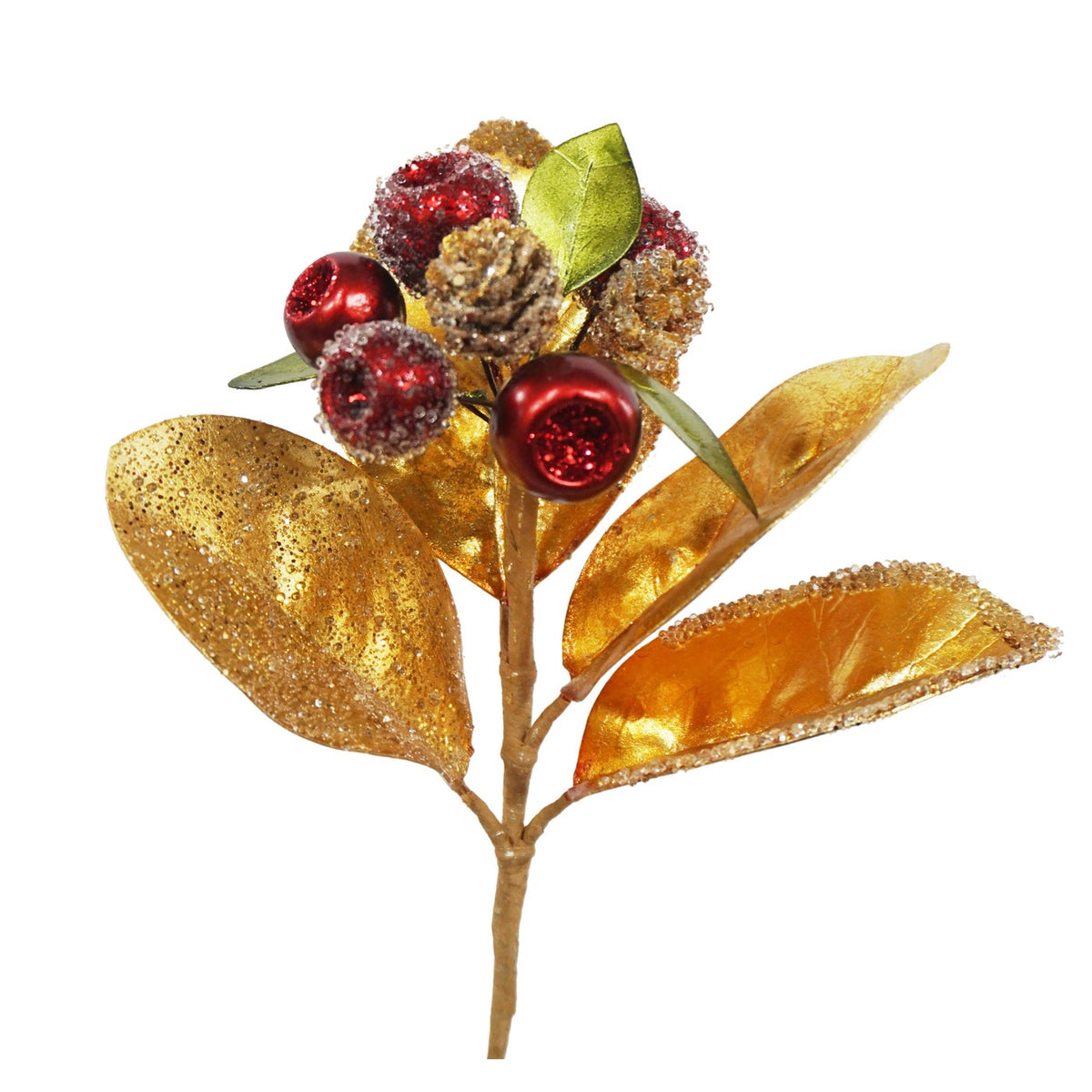 15-inch Golden Jewel Berry Pick with metallic gold leaves, red berries, and frosted pinecones.