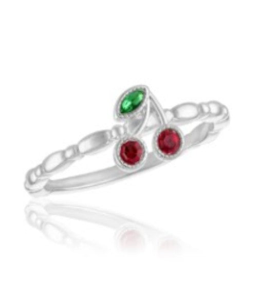 Silver-plated cherry stack ring featuring two red round stones and one green marquise stone leaf.