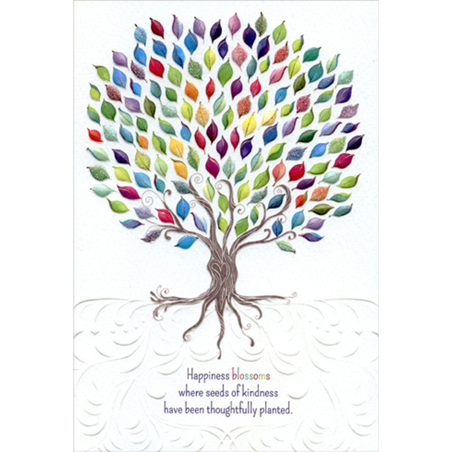 Thank You card featuring a tree with happiness blossoms on white background.