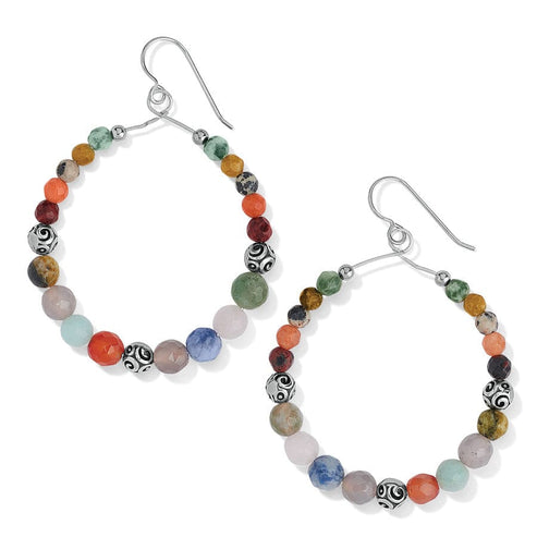 Silver-plated French wire earrings featuring a multi-colored drop with yellow turquoise jasper and red aventurine stones.