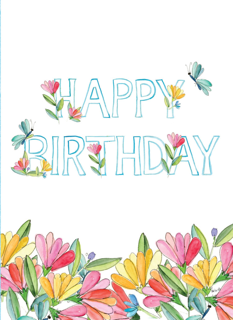 A6 birthday card featuring a butterfly garden illustration with stars.