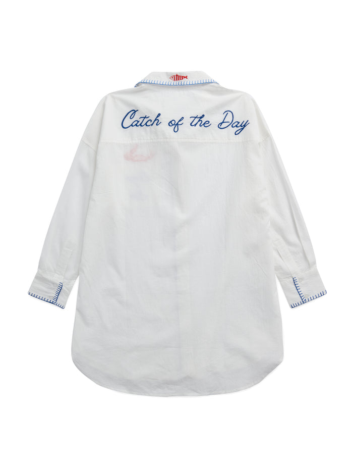 Relaxed fit cotton button-down cover-up shirt with rolled cuffs featuring red crab embroidery and ocean-blue stitching.