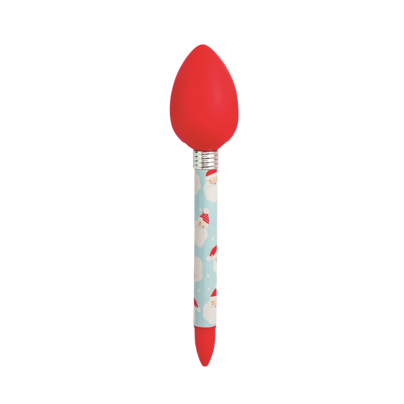 Christmas Bulb Light-Up Pen with a red bulb topper and Santa Claus pattern on the barrel.