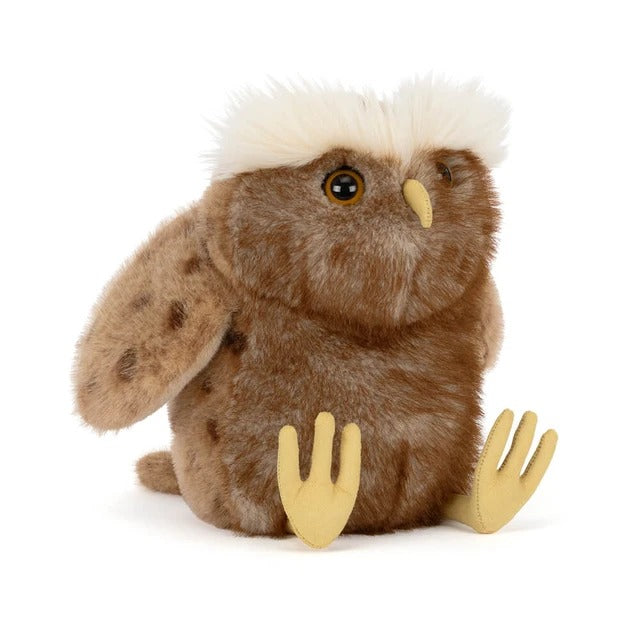 Tawoola Owl plush toy with brown mottled fur, white tufted head, yellow beak, and yellow feet.