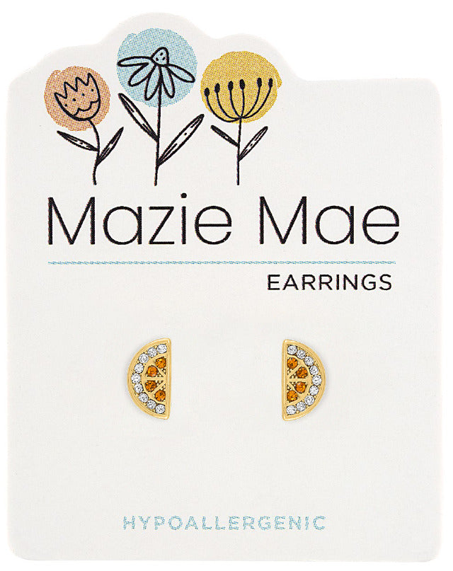 Gold orange slice stud earrings with orange and white crystals on a Mazie Mae card.