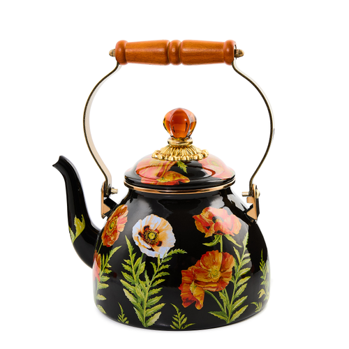 Poppy tea kettle with hand-glazed steel body, bronzed stainless rim, wood handle, and glass finial.