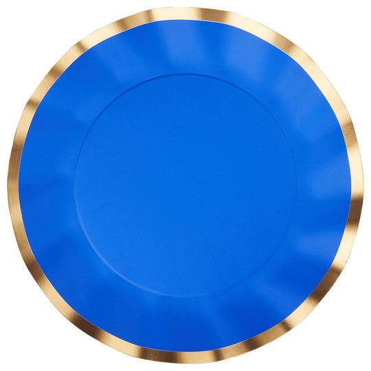 Wavy 10-inch blue paper dinner plate with a metallic gold scalloped rim.