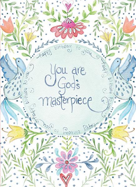 Watercolor greeting card with birds, flowers, and text: You are God's masterpiece.