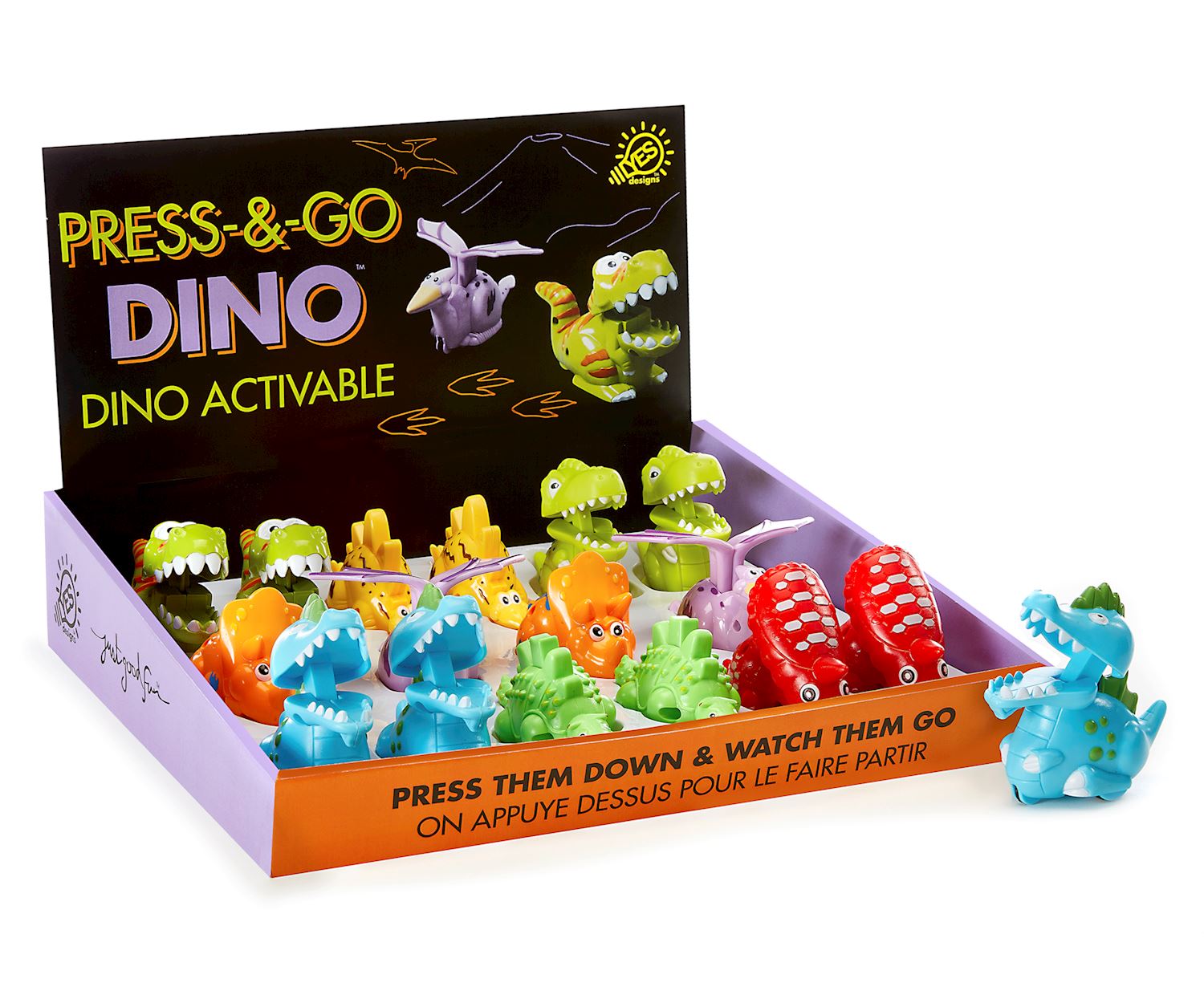 Press-n-Go Dino toys in various colors like green, orange, blue, red, and purple, displayed in a box.