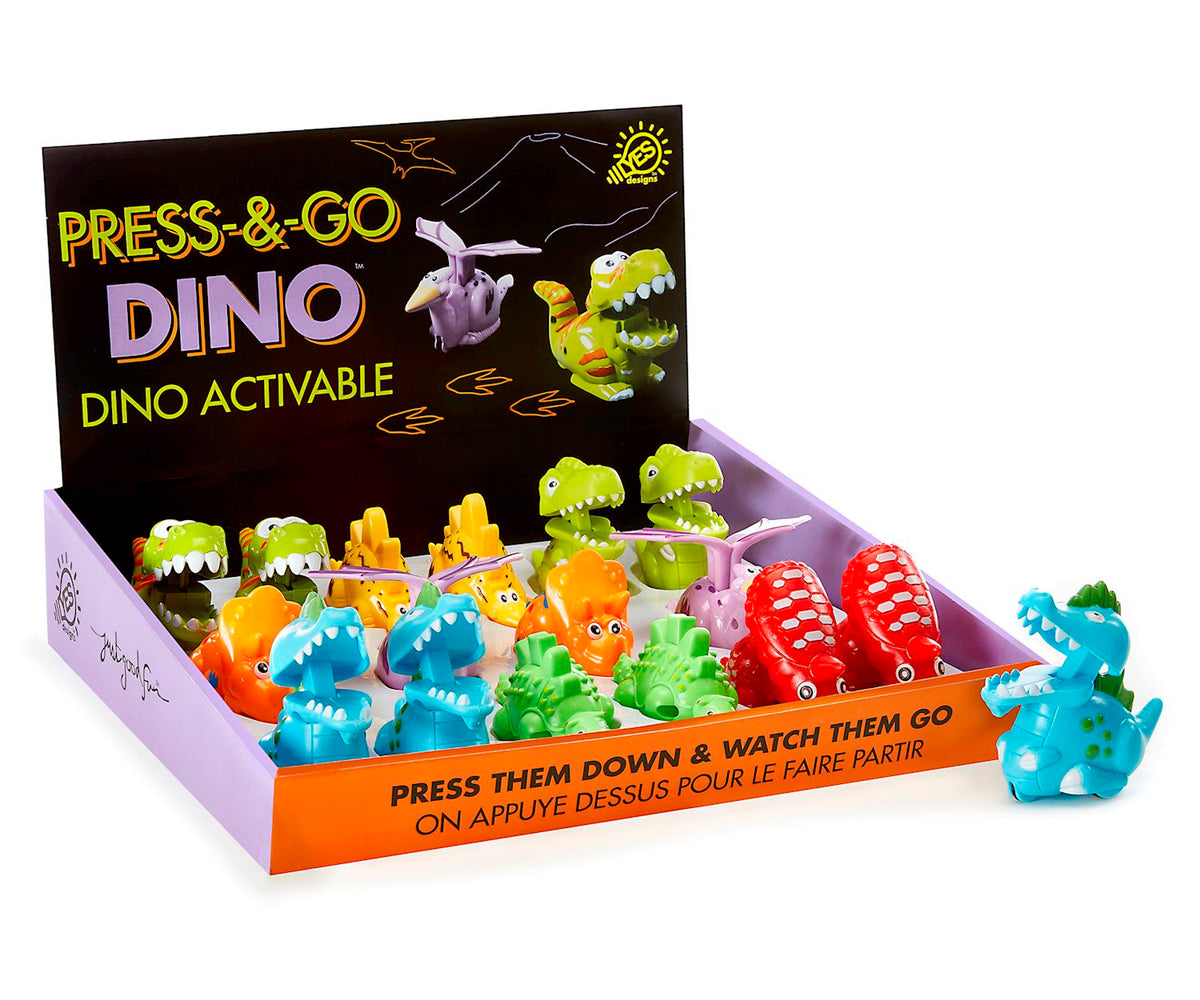Press-n-Go Dino toys in various colors like green, orange, blue, red, and purple, displayed in a box.