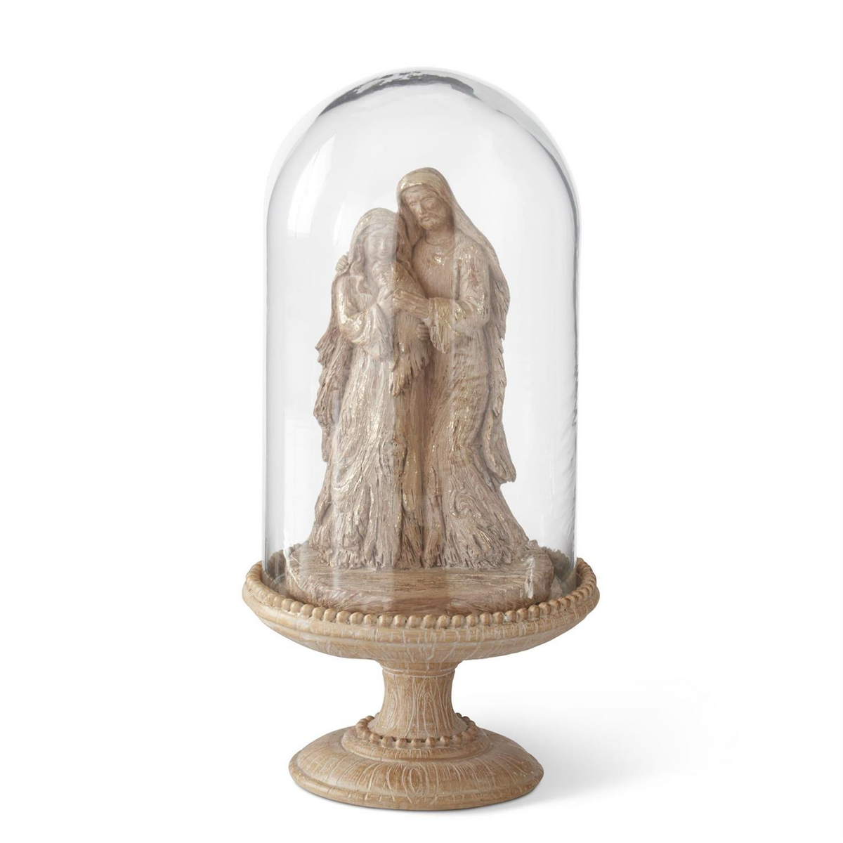 10.5-inch nativity scene with Mary and Joseph in a woodgrain and gold wash finish under a glass dome